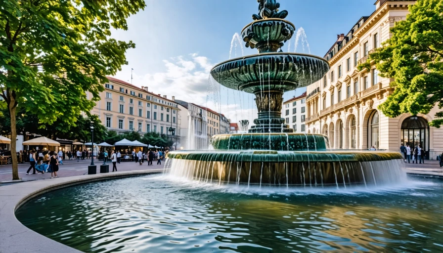 Photo of an elaborate fountain in a city. View should  e