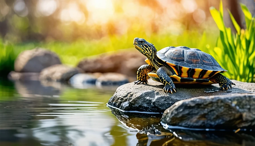 Realistic photo of a turtle sitting on a rock near a pond