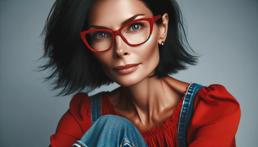 41 year old white female woth black hair, red glasses, denim caprice, and a red top