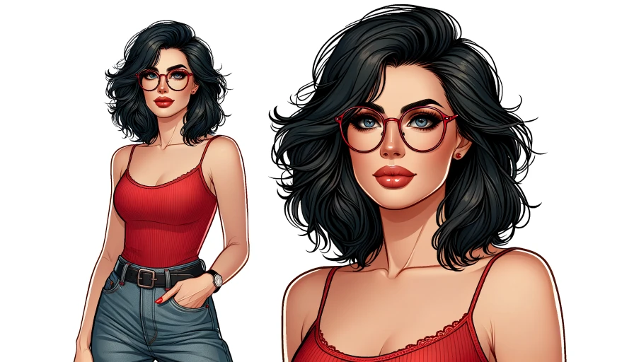 41 year old white female woth black hair, red glasses, denim caprice, and a red top