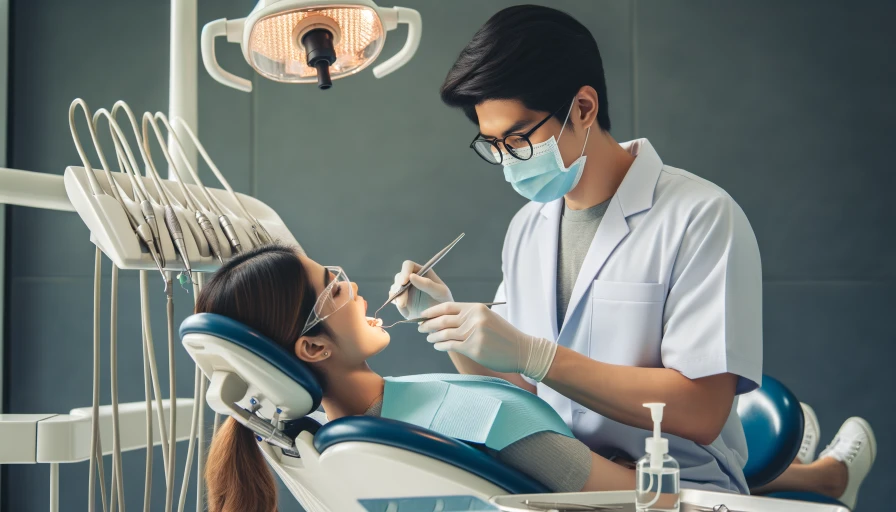 A dentist doing dental work on a patient