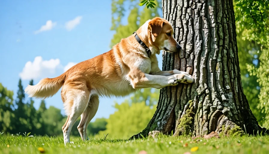 A dog lifting it's leg to pee on a tree