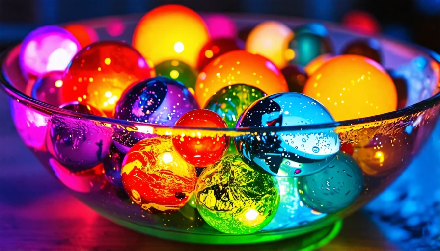 A lit up glass bowl of colorful marbles