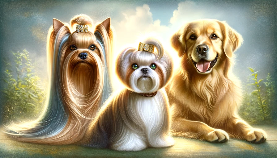 A male silky terrier, a male white and tan shih tzu, and a male golden retriever