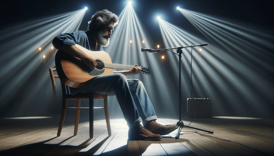 A man with a beard, on stage, alone, sitting in a wooden chair, playing an acoustic guitar. Man should have grey and brown hair, blue jeans