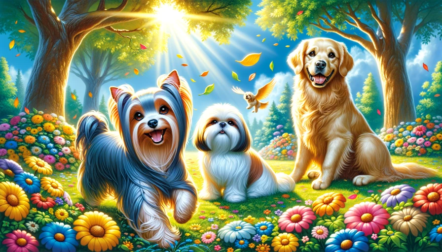 A silky terrier, a shih tzu, and a golden retriever