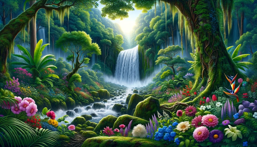 A waterfall in a rainforest. Many colorful flowers.