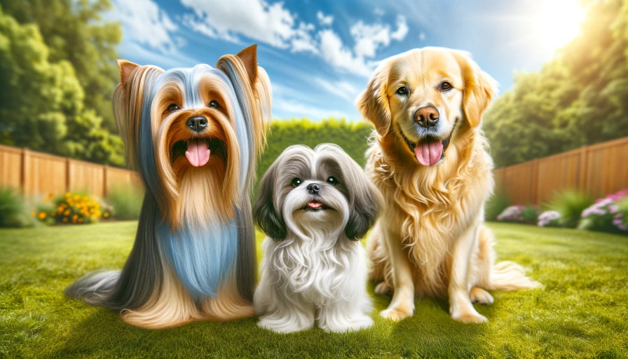 An Australian Silky terrier, a shih tzu, and a golden retriever