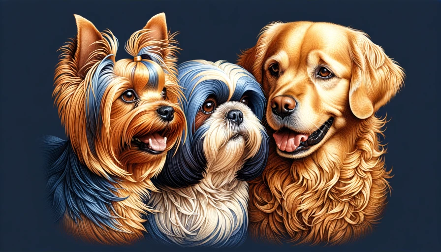 An Australian Silky terrier, a shih tzu, and a golden retriever