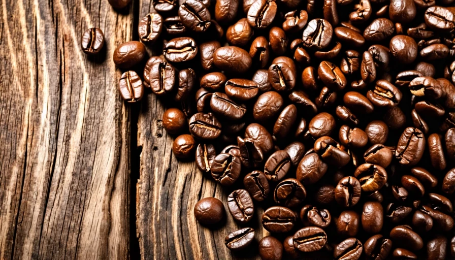 Coffee beans spilt out on a wooden table