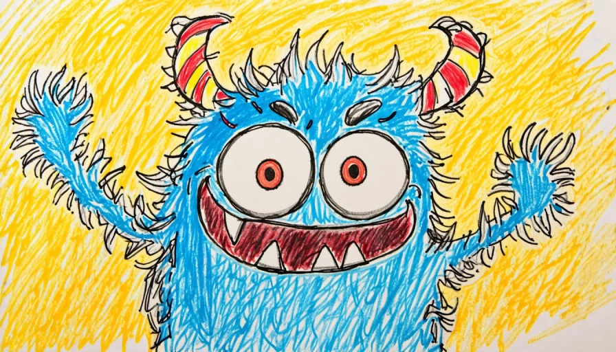 crayon drawing of a happy monster