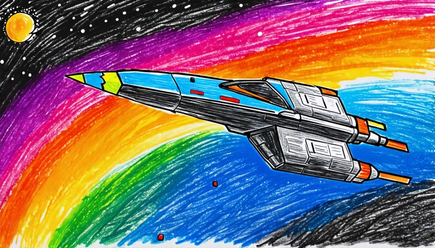 Crayon drawing of a spaceship in space