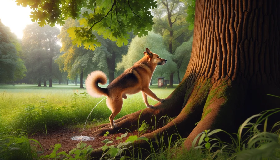 Dog lifting it's back leg while peeing on a tree