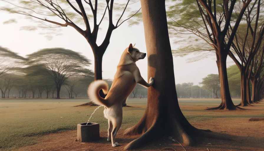 Dog lifting it's back leg while peeing on a tree