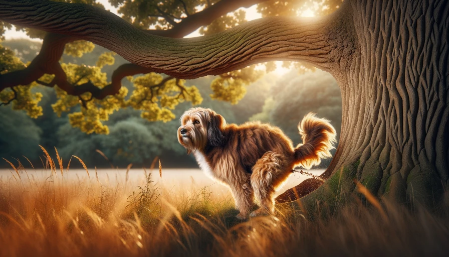 Dog peeing on a tree