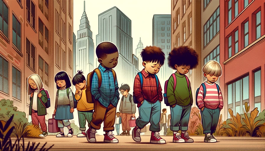 drawing of sad kids going back to school, walking down street, slumped over looking at the ground. 3/4 view