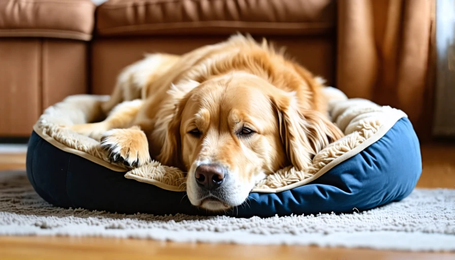 Golden retriever asleep in a dog bed