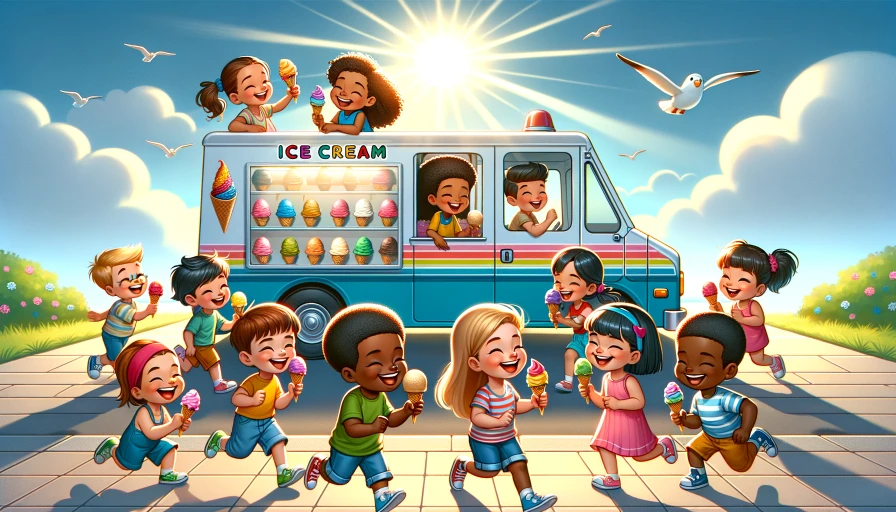 kids eating ice cream from an ice cream truck on a sunny day