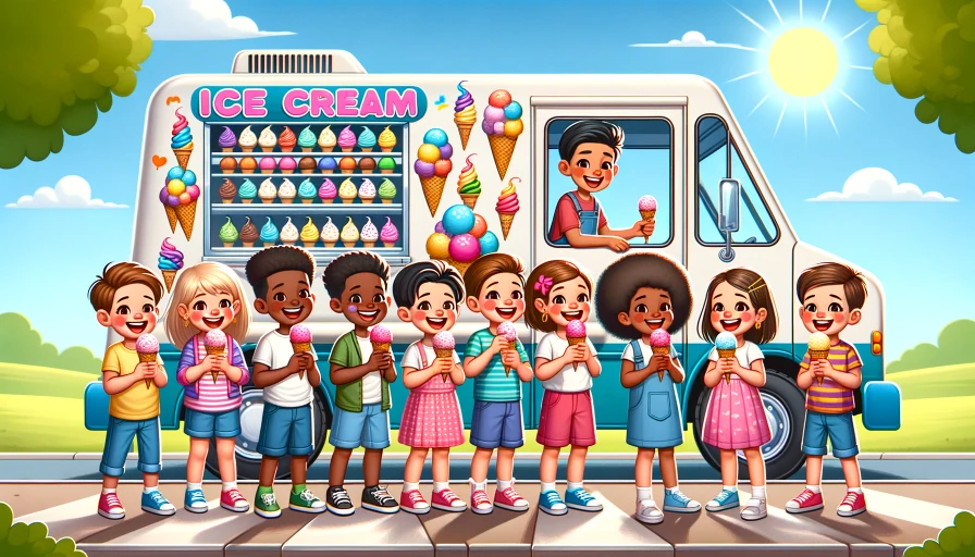 kids eating ice cream from an ice cream truck on a sunny day