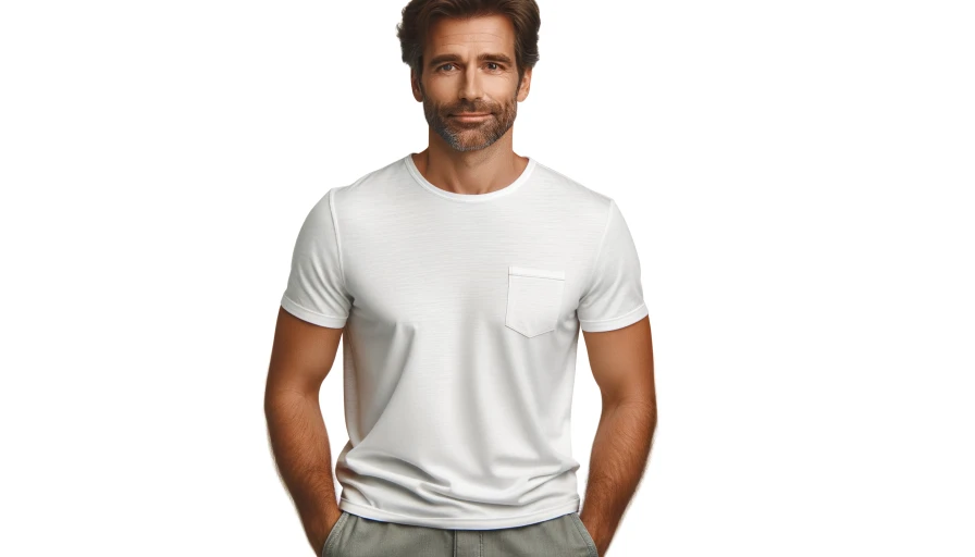 Middle aged white male with brown hair and short beard wearing white tshirt and gray shorts.