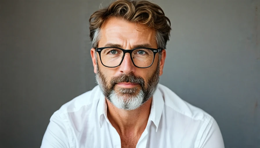 Middle aged white male with glasses, brown hair and beard wearing white tshirt and dark gray shorts.