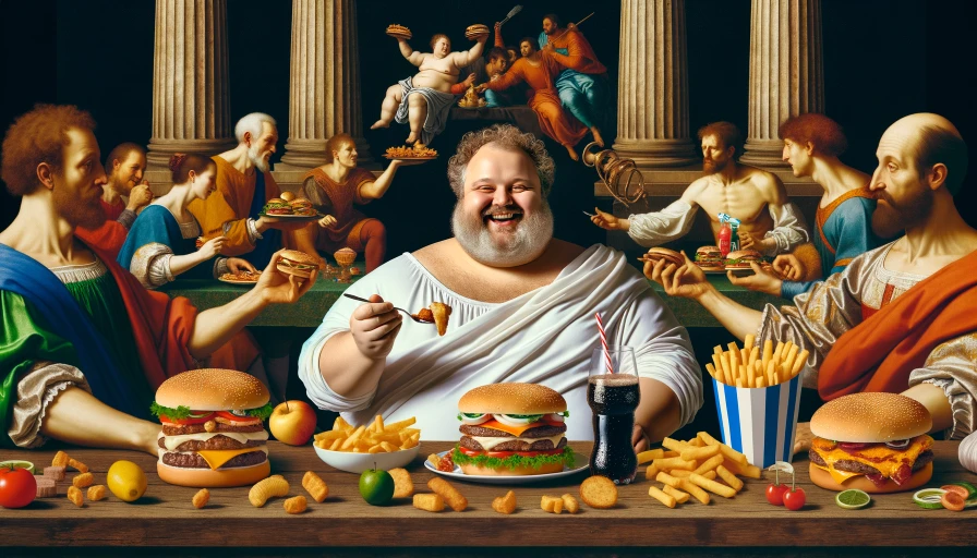 Renaissance style painting of a fat guy eating McDonald's