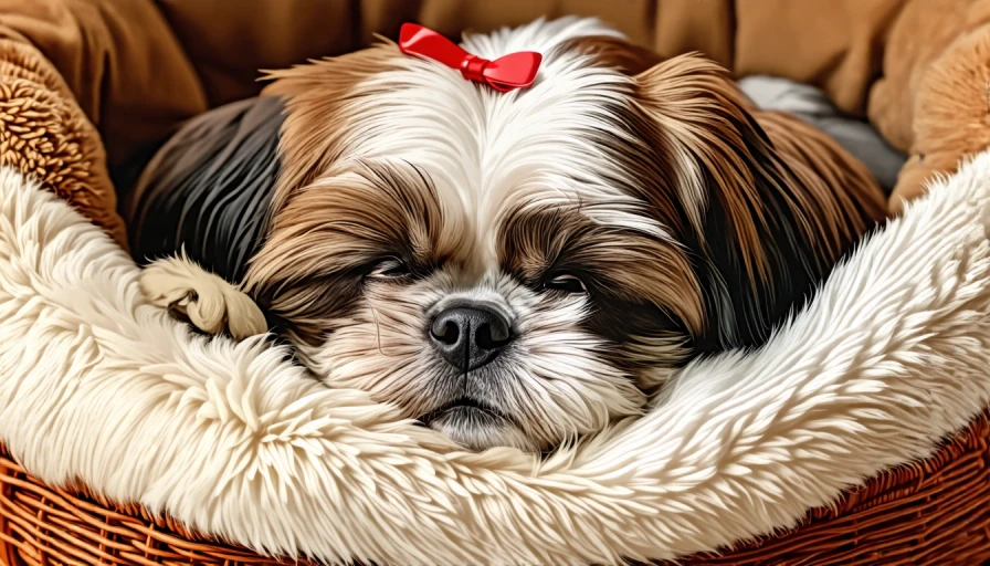 Shih tzu asleep in a dog bed