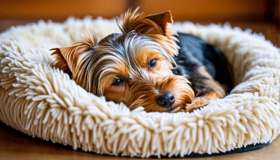 Silky terrier asleep in a dog bed