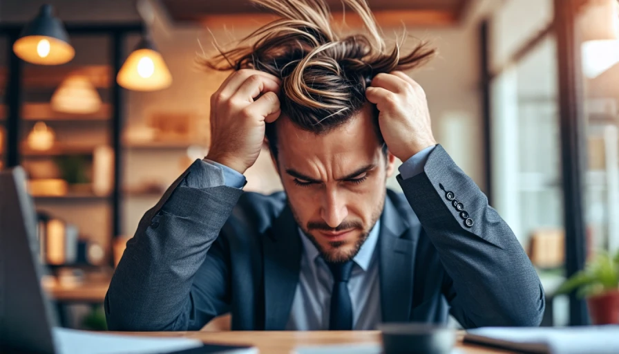 Stressed out employee pulling hair from head