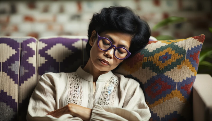 Tired mom with black hair and purple glasses sitting on a couch