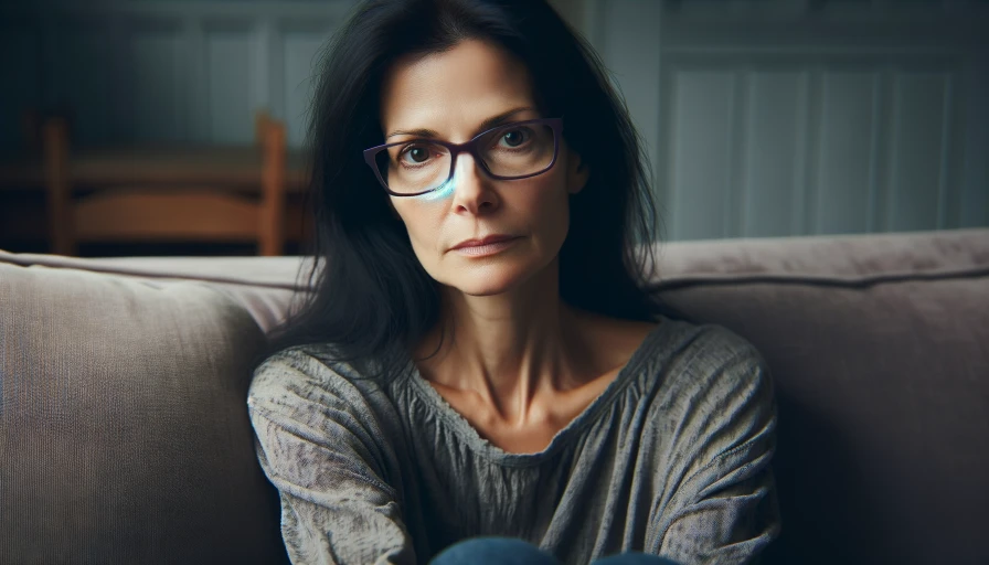 Tired mom with long black hair and dark purple glasses sitting on a couch