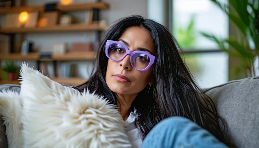 Tired mom with long black hair and purple glasses sitting on a couch