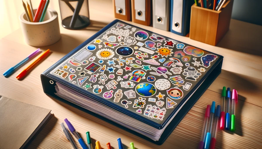 A bunch of stickers on a school binder