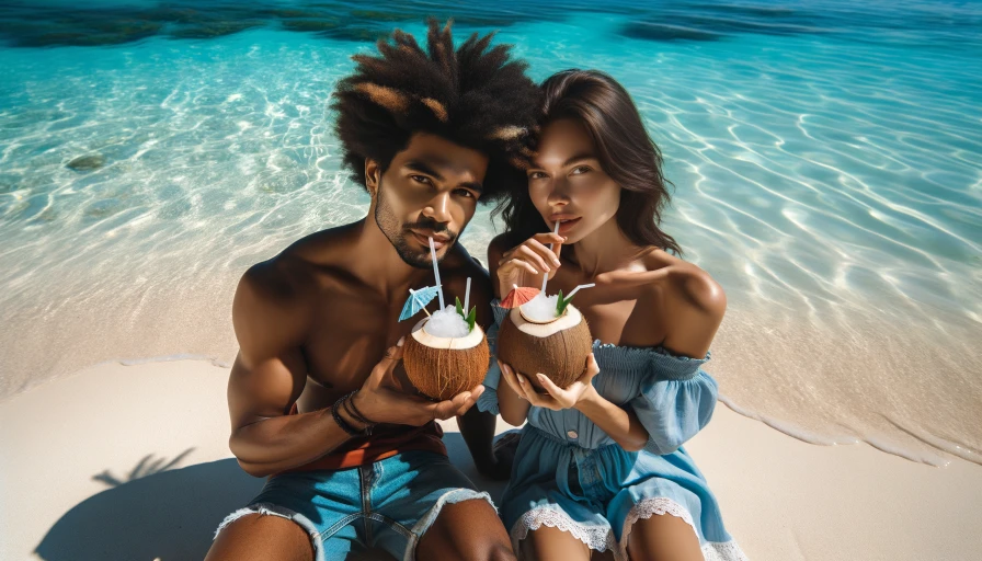 A couple sipping drinks sitting on the beach. Water should be clear and blue