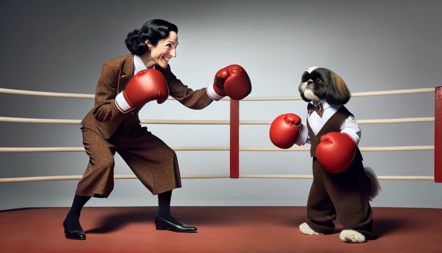 A dark haired cacuasion lady boxing a shih tzu in a boxing ring