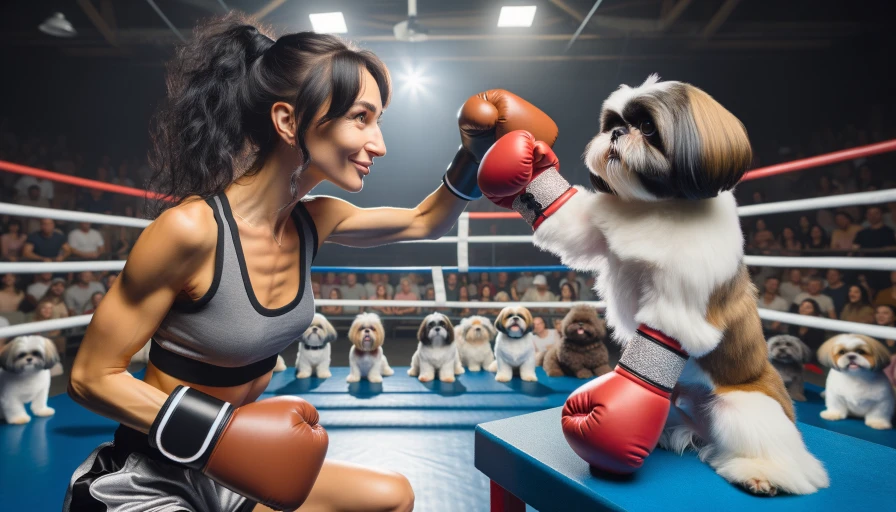 A dark haired cacuasion lady boxing a shih tzu in a boxing ring