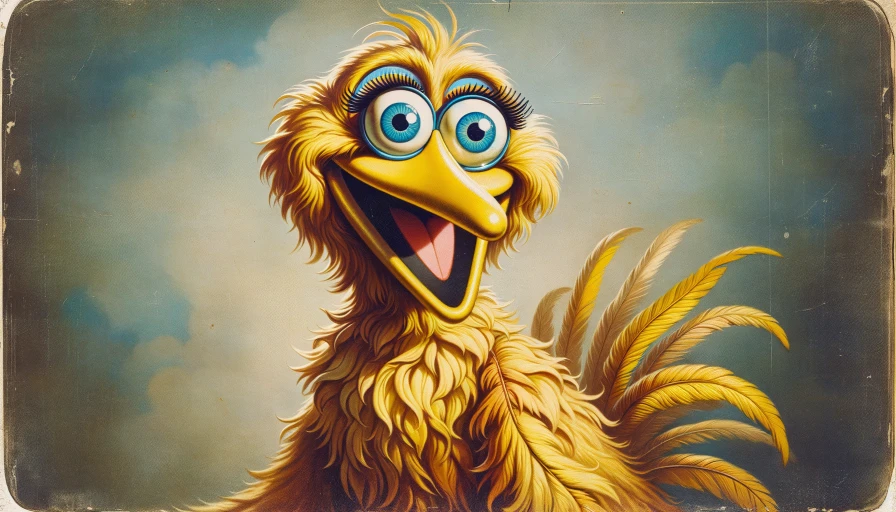 Old style 1800's painting of big bird from sesame street