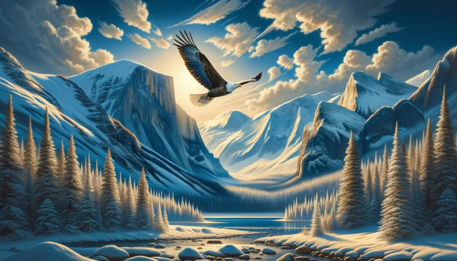 Painting of snow covered mountains. Large bird in sky. Sparse clouds and mild sun