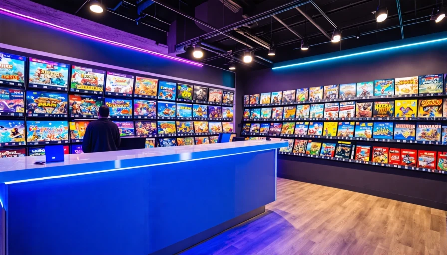 An image showing a countertop, sale person, and a wall of video games and toys.