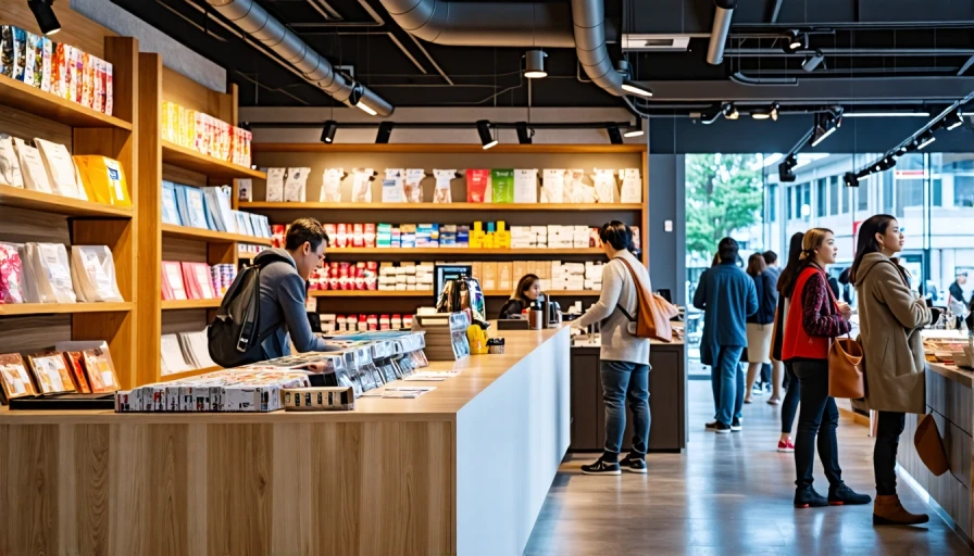 An image showing a countertop, sale person, customers, and a wall of toys.