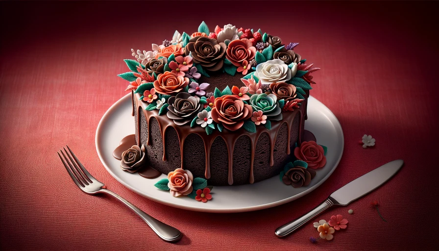 A chocolate cake with icing flowers, dripping chocolate, fork on plate red table cloth