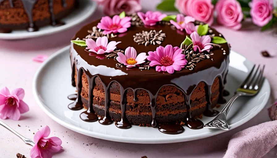 A chocolate cake with icing flowers, dripping chocolate, fork on plate red table cloth, close up. View looking up at cake