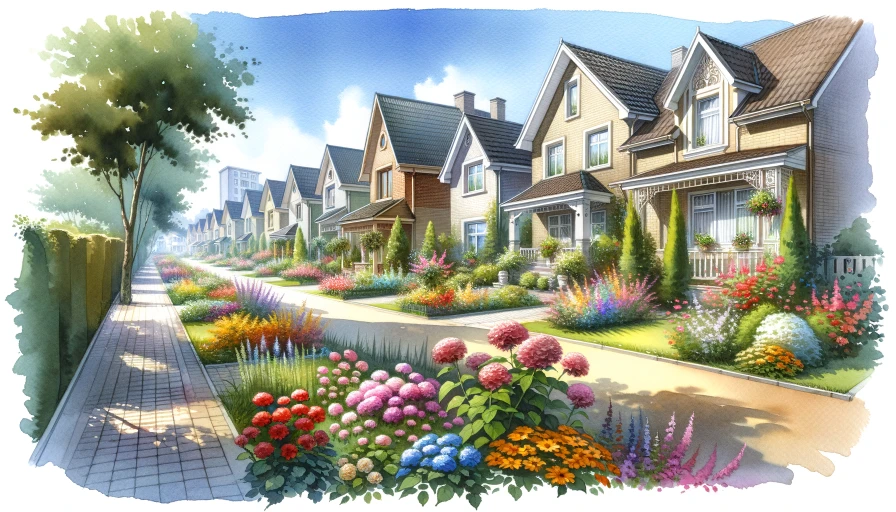 a water color of a suburban street. Houses in a row, flowers, blue sky