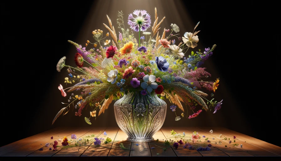 An intricate glass vase with wild flowers, on a table, stark lighting