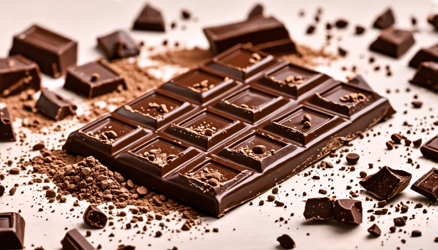 Chocolate bar on a table with Chocolate crumbs