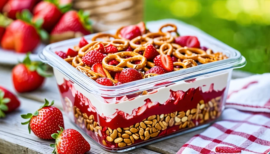 Glass container with strawberry pretzel salad. Picnic table outside