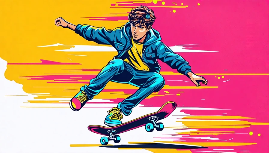 Stylized graphic are of a young guy riding a skate board. Guy should have headphones. View angle should be from the ground up