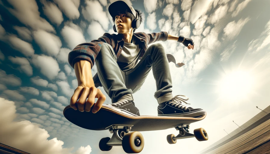 Stylized graphic are of a young guy riding a skate board. Guy should have headphones. View angle should be from the ground up