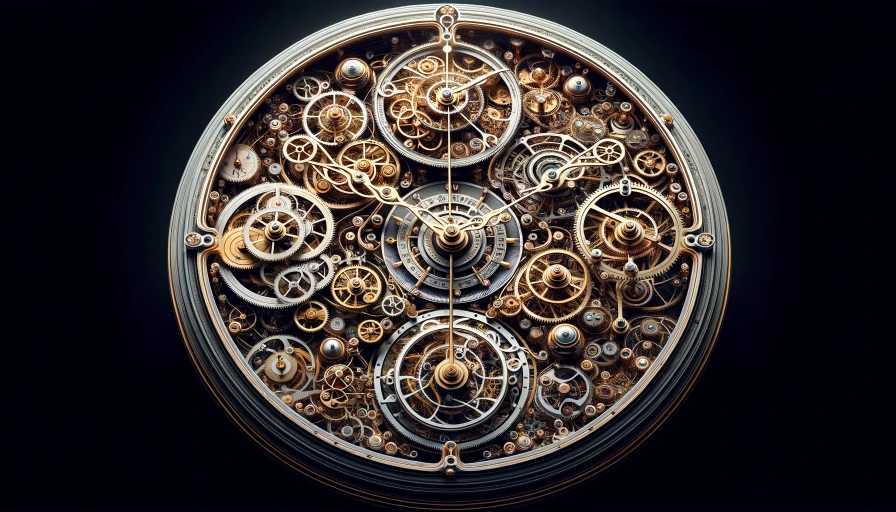 Very ornate clock at an angle with gears visible