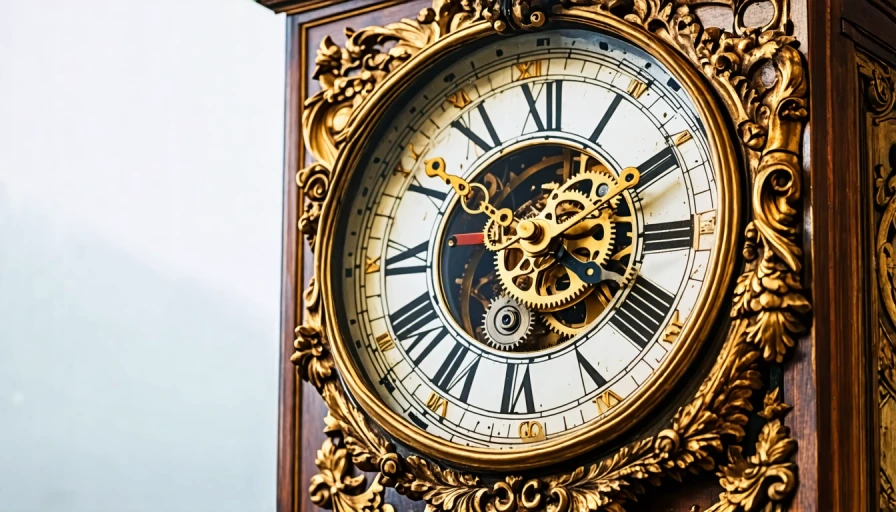 Very ornate clock at an angle with gears visible